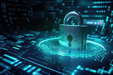 Digital lock guard sign binary code number. Big data personal information safety technology closed  with padlock.