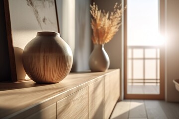 Modern minimalist living room interior. Cabinet with two vases that cast shadow. Made with Generative AI.