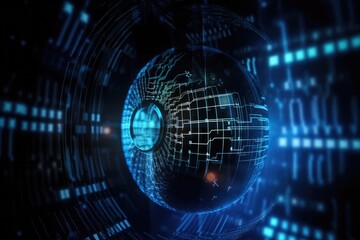 Fototapeta premium Digital lock guard sign binary code number. Big data personal information safety technology closed with padlock.