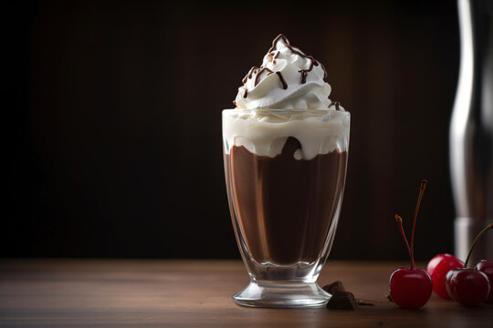 A Milkshake Featuring A Blend Of Rich Ice Cream And Chocolate Syrup, Topped With Whipped Cream And A Cherry. (Generative AI)