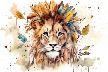 Boho animal. Feather covered lion. Watercolor poster for childcare. Generative AI