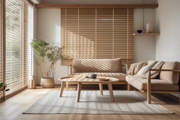 Beige toned wooden living room. Carpets, paper light, venetian blinds, and fabric couch with cushions. Japanese interiors. Generative AI - obrazy, fototapety, plakaty