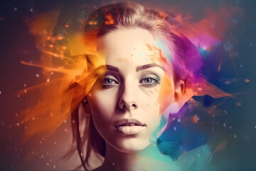 Vibrant Closeup of a Fantasy Woman with Color Splashes: A Striking Visual Element for Your Creative Projects, Generative AI