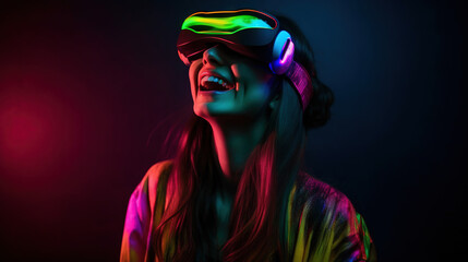 Fototapeta na wymiar Portrait of an African-American woman in astonishment wearing a virtual reality headset. Vivid colors neon glowing HMD generative ai