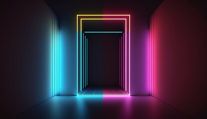 Fototapeta premium retro neon light frame stage room background new quality stock image illustration desktop wallpaper design, Generative AI