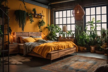 Large and cheerful boho style bedroom in an industrial loft with wooden bed, nightstands, dresser, couch, yellow carpeting, wide windows, and plants. Generative AI