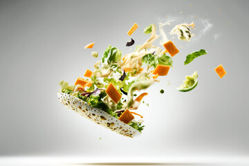 Healthy salad with flying vegetables and cheese on grey background. Mixed media Generative AI