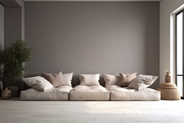 Japanese modern living room in light brown tones. Modern minimalist interior. Background with contemporary design. Modern interior design. 3D render, generative ai.