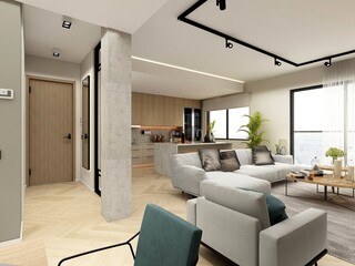 dormitorio de casa moderna con vestidor y estilo minimalista industrial