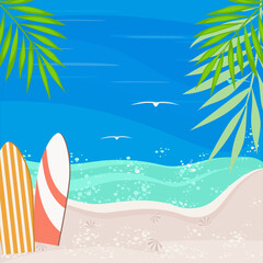 Fototapeta na wymiar The seashore. Sand, water, sky. There are two surfboards. Vector background.