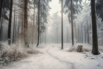 Winter Forest Landscape with Snowy Trees and Mountains. Background Wallpaper