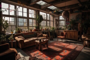 Fototapeta na wymiar February 2, 2020, Eindhoven, Netherlands. Strijp S's industrial loft. A large, bohemian, contemporary, eclectic living room with bright decorations and plants. Generative AI