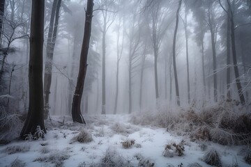 Naklejka premium Winter Forest Landscape with Snowy Trees and Mountains. Background Wallpaper