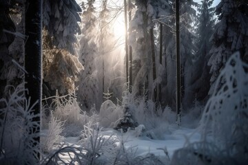 Naklejka premium Winter Forest Landscape with Snowy Trees and Mountains. Background Wallpaper