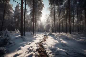 Winter Forest Landscape with Snowy Trees and Mountains. Background Wallpaper