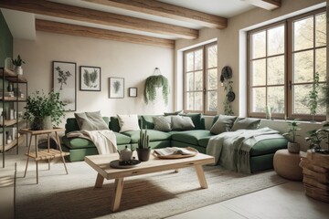 Obraz na płótnie Canvas White and green japandi living room. Fabric couch, beams ceiling, window, and decors. Farmhouse decor,. Generative AI