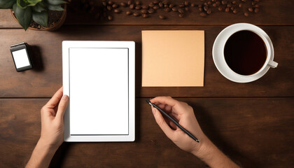 a blank screen tablet mockup, businessman and businesswoman, business office setting, tablet using in an office meeting, AI generated