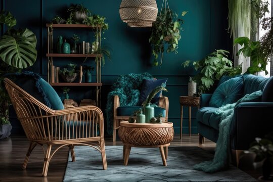 Wooden armchair between leaf covered tables in green and blue living room. Real picture. Generative AI
