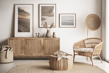 Fototapeta na wymiar Beach home mockup with rattan furniture and blank wall. Generative AI