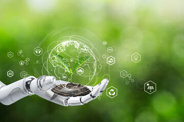 Sustainable development goal (SDGs) concept. Robot hand holding small plants with Environment icon....
