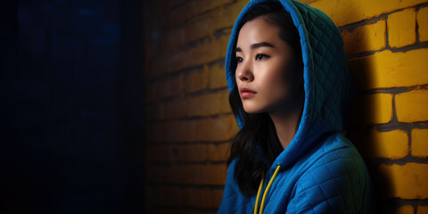 Asiatische Frau im blauen Hoodie vor gelber Wand, Generative AI