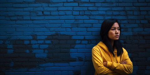 Asiatische Frau im gelben Hoodie vor blauer Wand, Generative AI