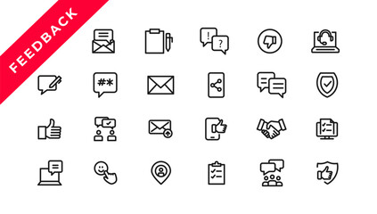 Feedback Outline Icon Collection. Thin Line Set contains such Icons as Rating, Testimonials, Quick Response, Satisfaction and more. Simple web icon set