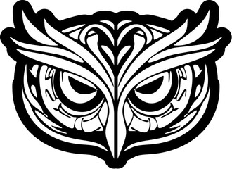 Black and white owl face tattoo featuring Polynesian designs.