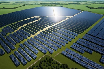 Fototapeta premium Solar Farm. Green Fields Blue Sky, Sustainable Renewable Energy. Solar park on the field