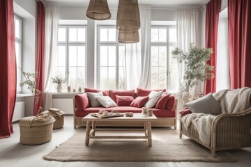 White and red farmhouse living room with drapes, fabric couch, and rattan flooring. Parquet. Retro interiors,. Generative AI