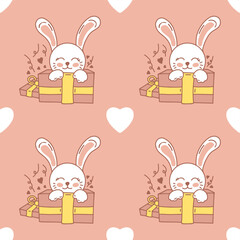 Seamless pattern. Cute bunnies in boxes. Ideal for children textiles, fabric, packaging.