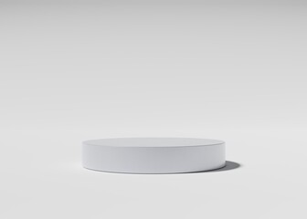 Alumimium empty podium or pedestal for product presentation, round mockup platform on white background. 3d rendering