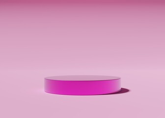 Pink empty podium or pedestal for product presentation, round mockup platform on pink background. 3d rendering