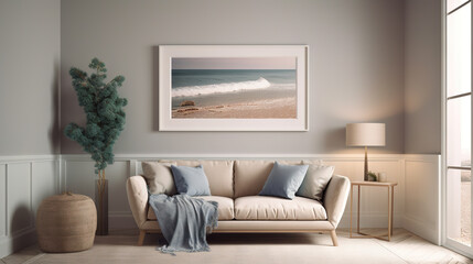 Bohemian Interior Design Style living room in pastel colors mock-up with frame for picture generative ai