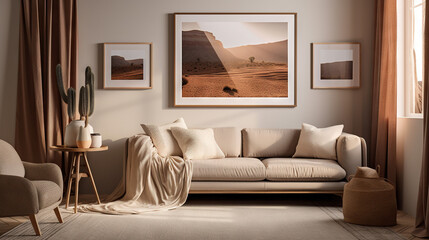 Bohemian Interior Design Style living room in pastel colors mock-up with frame for picture generative ai