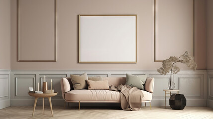 Bohemian Interior Design Style living room in pastel colors mock-up with frame for picture generative ai
