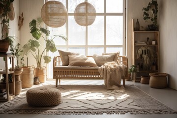 Modern boho house decor. Couch, cushions, houseplants, carpet, and ornaments against concrete wall. Sunlit bohemian sitting room. Generative AI