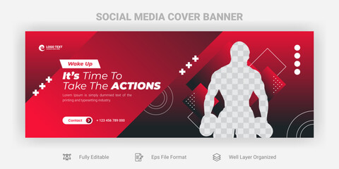Gym and fitness facebook cover banner template design - obrazy, fototapety, plakaty