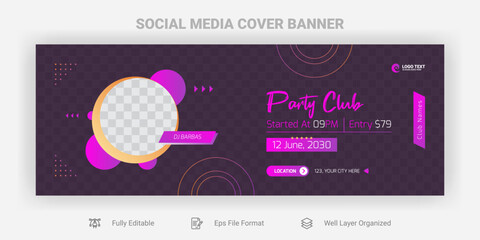 Night club party facebook cover banner template design - obrazy, fototapety, plakaty