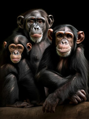 Chimpanzee family in the studio with dark background