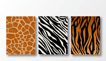 Set of animalistic backgrounds with the textures of zebra skin, leopard and reptile