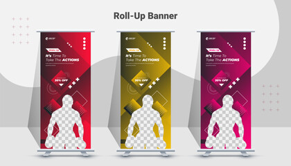 Gym and fitness roll-up banner template design