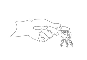 Continuous line drawing. The hand holds the key.  Lines black on white background.