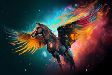 Mesmerizing Fantasy Horse with Majestic Wings Soaring Through a Dazzling and Colorful Galaxy - Perfect for Adding an Element of Wonder and Whimsy to Your Creative Projects, Generative AI