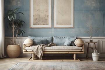Blue and beige farmhouse bohemian living room frame mock up. Modern wallpaper, couch, and decor. Modern decor,. Generative AI