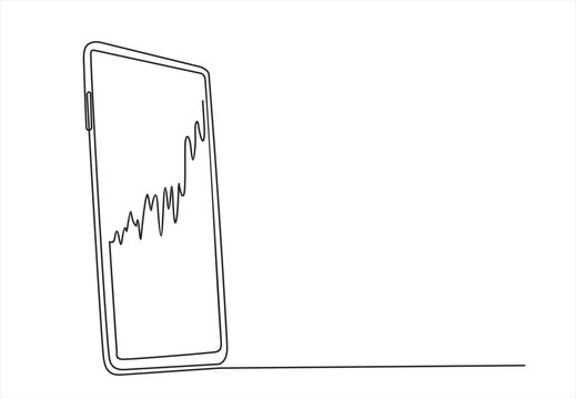 Continuous one line drawing of  smartphone with  stock market on screen isolated on white background. Investment and finance concept.