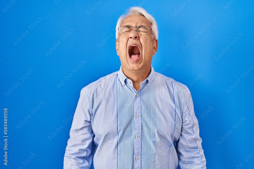 Canvas Prints Hispanic senior man wearing glasses angry and mad screaming frustrated and furious, shouting with anger. rage and aggressive concept.