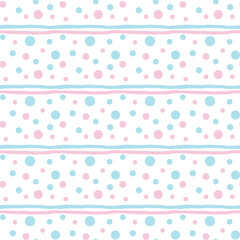 Seamless pattern of hand drawn horizontal stripes and dots. Colorful linear background
