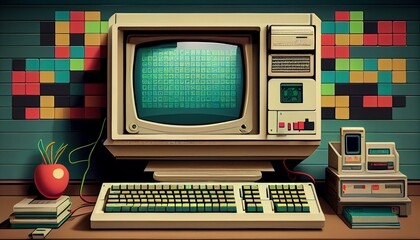 Create a retro computer setup with a CRT monitor, beige keyboard, and colorful pixel art on the walls." Generative AI