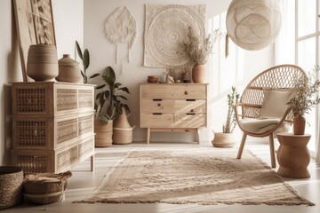 Boho chic living room, rattan chest of drawers and rocking chair on jute carpet, all white project sketch. Bohemian farmhouse decor,. Generative AI
